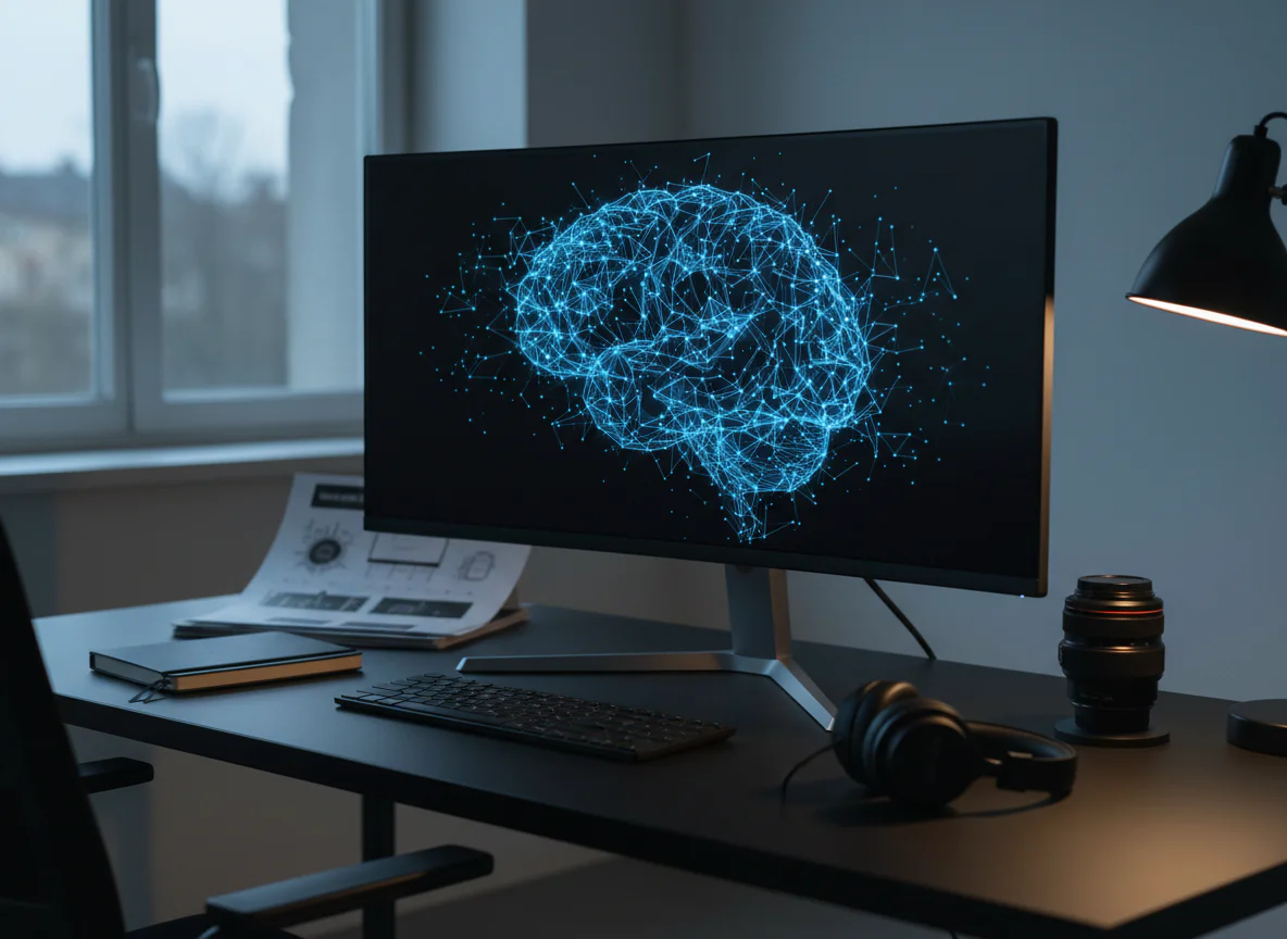 A minimalist, ultra-wide computer monitor displays an abstract, neural-network-like blue pattern on a nearly black background, evoking an illuminated brain made of data and light. The monitor sits on a tidy matte-black desk with a single closed notebook and a slim keyboard, surrounded by subtle, carefully placed creative tools: a camera lens, a pair of over-ear headphones, and a stack of printed pages with visible but unreadable markings. Cool, diffused evening light from a nearby window combines with a soft, focused desk lamp, casting controlled reflections on the monitor’s bezel. The atmosphere is cerebral, modern, and slightly futuristic. Photographic realism, shot from a slightly elevated three-quarter angle, with crisp focus on the screen and a gentle falloff into a tasteful, subdued background.